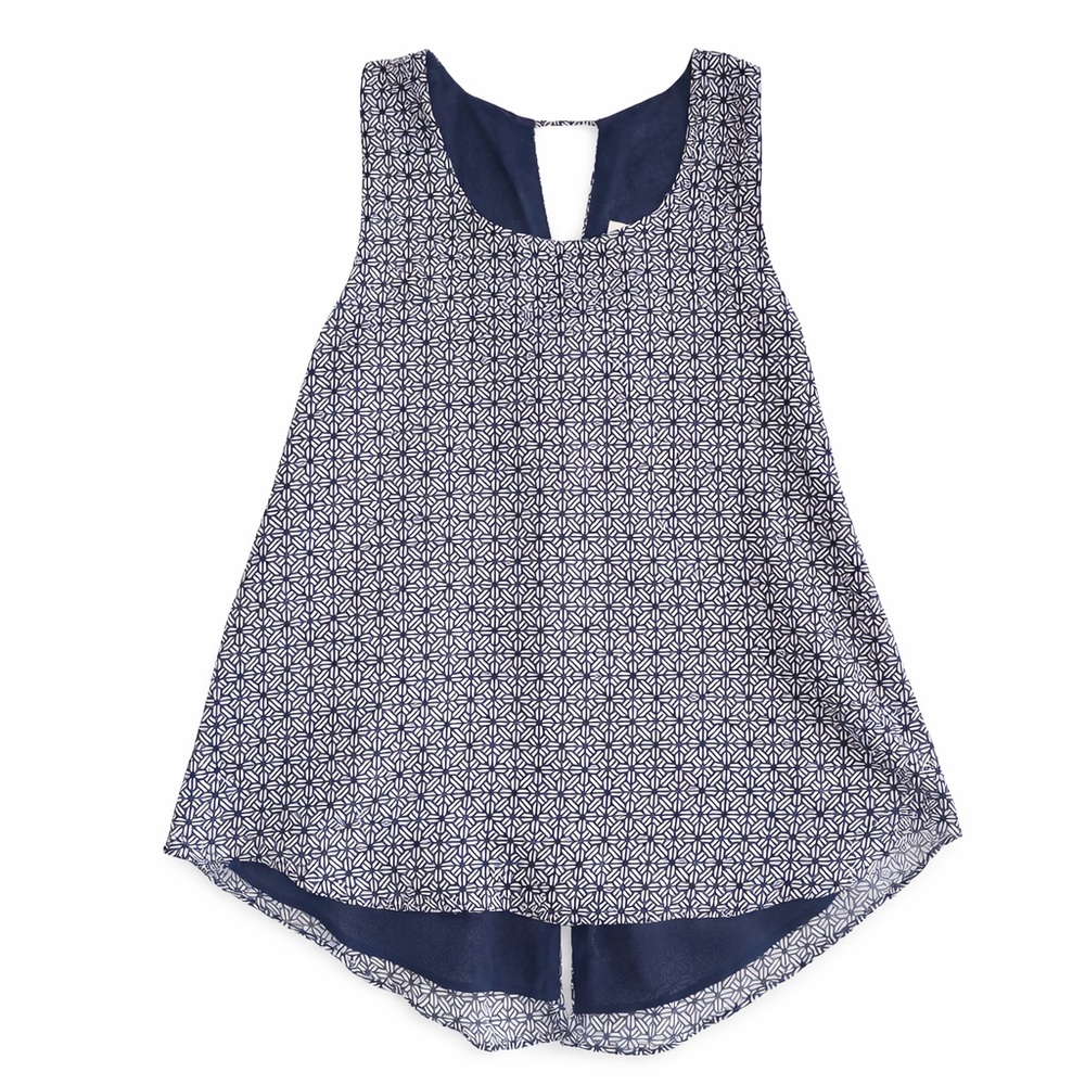 Mine Navy and White Geometric Sleeveless Airy High- Low Boho Top